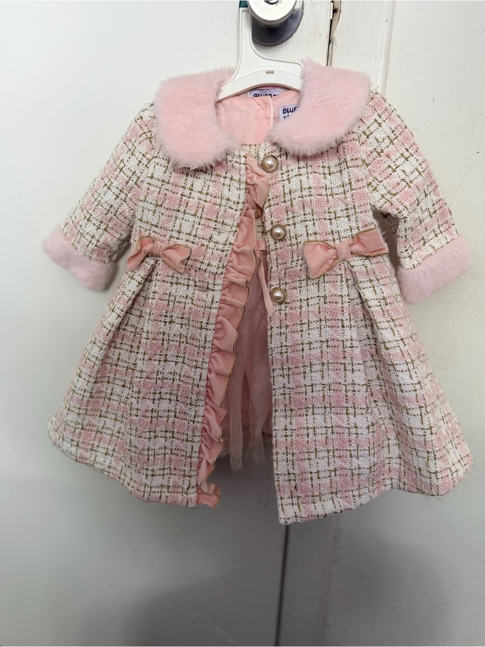 Blueberi Boulevard Pink Plaid Coat with Faux-Fur Trim